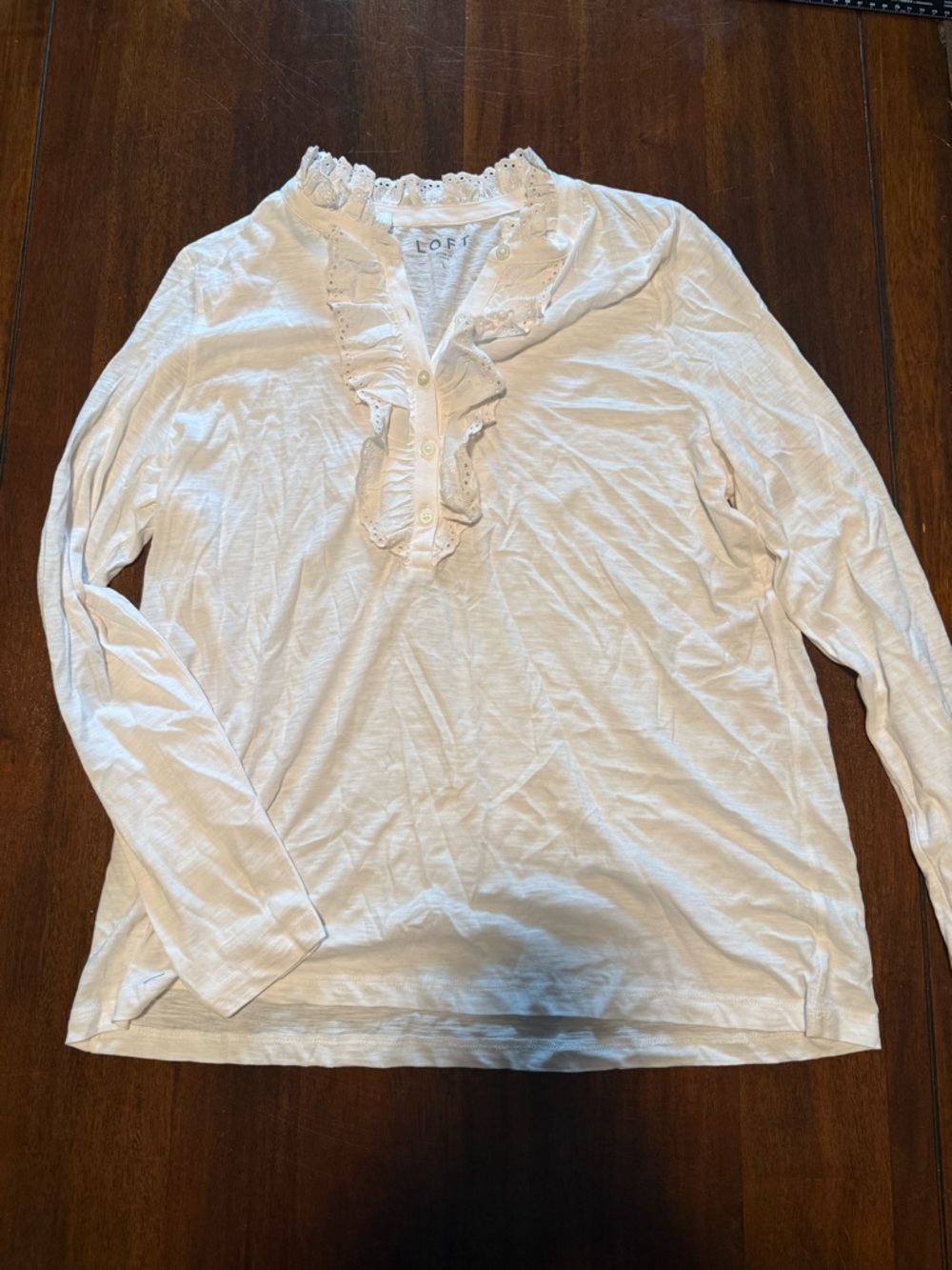 LOFT‎ Long Sleeve Eyelet Ruffle Henley Top